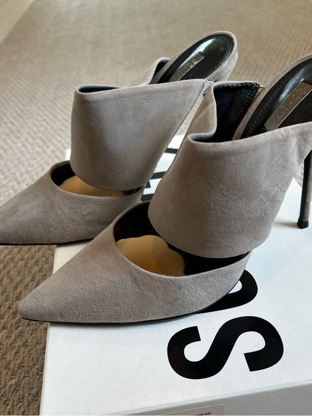 Schutz Pointed Toe Suede High Heel Mules - Taupe